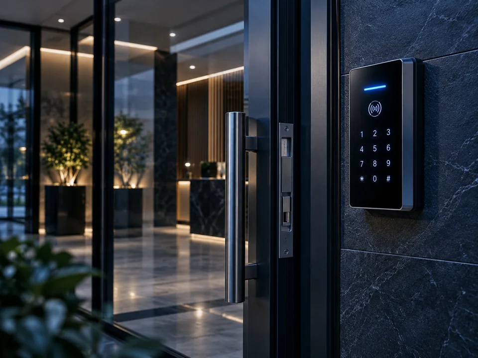 Imagen ilustrativa de un lector de acceso con teclado junto a una puerta de cristal.