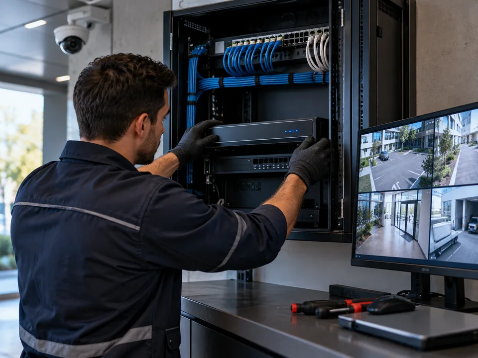 Imagen ilustrativa de un técnico revisando un rack de seguridad y monitores de videovigilancia.