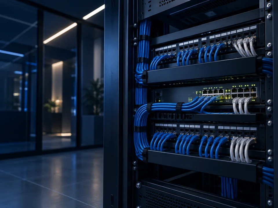 Imagen ilustrativa de un rack de red con paneles de conexión y cableado organizado.
